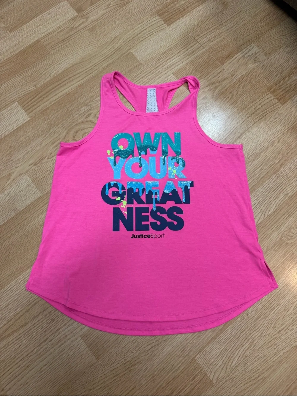 Justice Sport Girls XL Plus 16P/18P Pink Racerback Tank Own Your Greatness